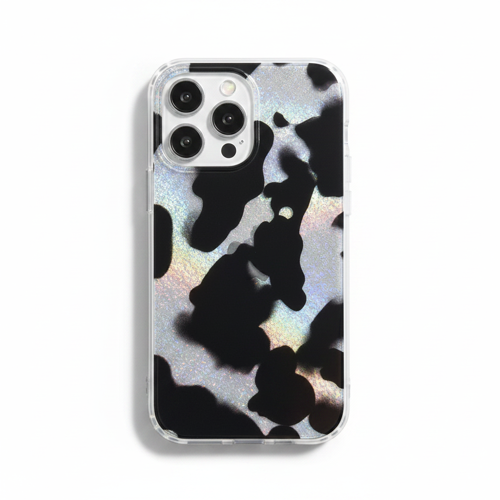 Cow print phone case straight front view